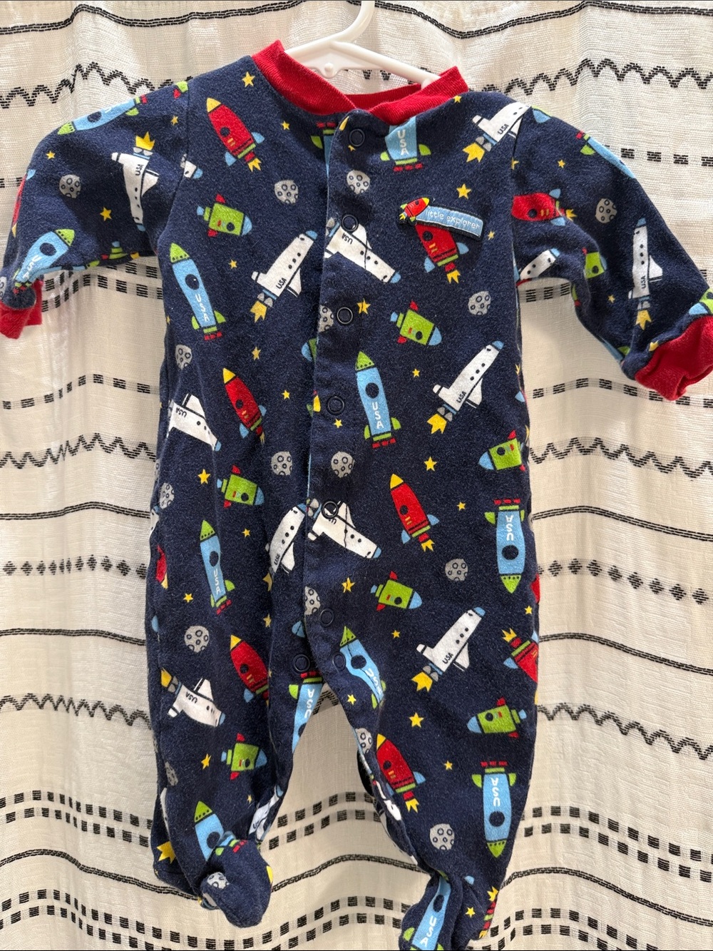 Carter's Navy Rocket Print Fleece Footed One-Piece with Red Trim